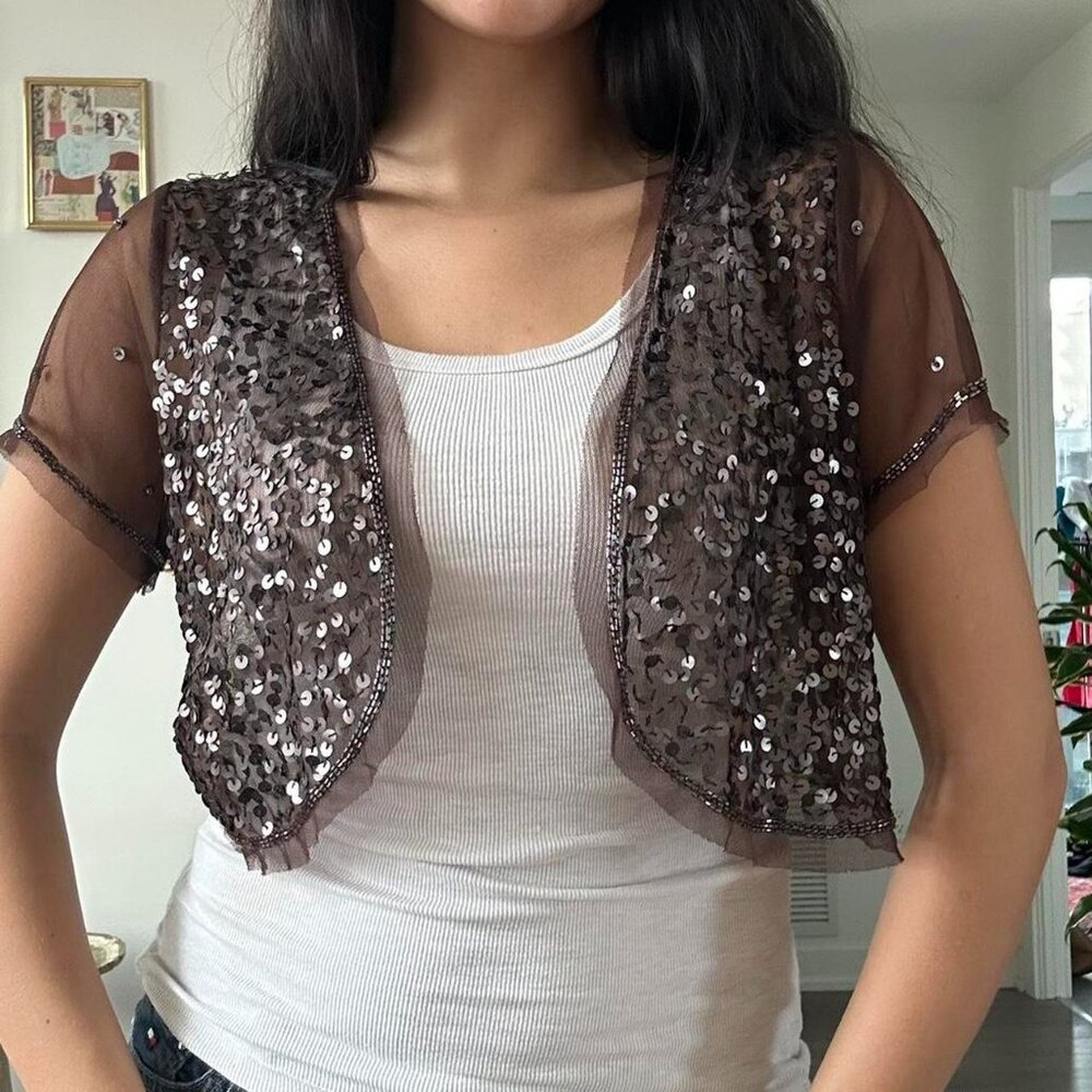 Y2K Mesh Cropped Cardigan w/ Sequins